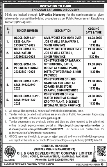 Oil & Gas Development Company Limited Islamabad Tender Notice